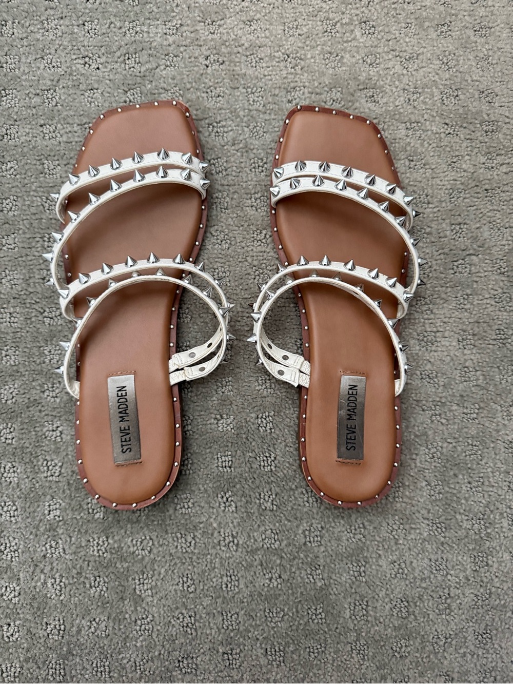 Steve Madden White Spike-Stud Triple Strap Sandals